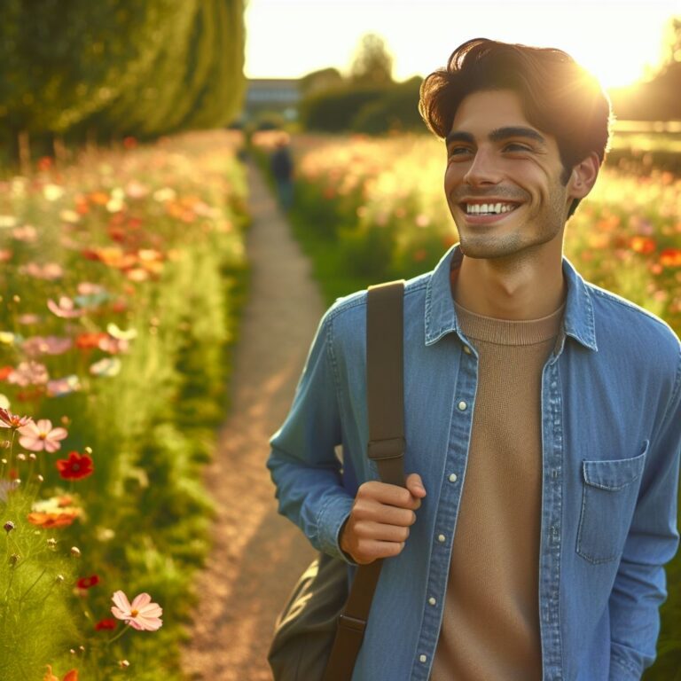 Uma pessoa caminhando por um caminho florido.