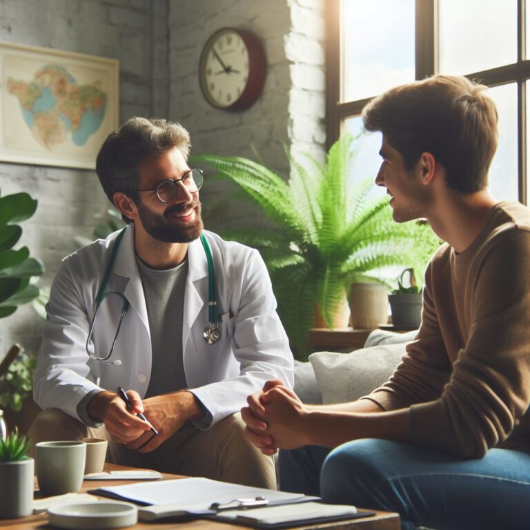 Médico e paciente em conversa acolhedora, simbolizando cuidado individualizado.