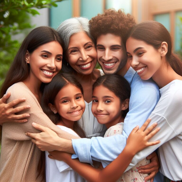 Família em um abraço no jardim da clínica, simbolizando a força da família.