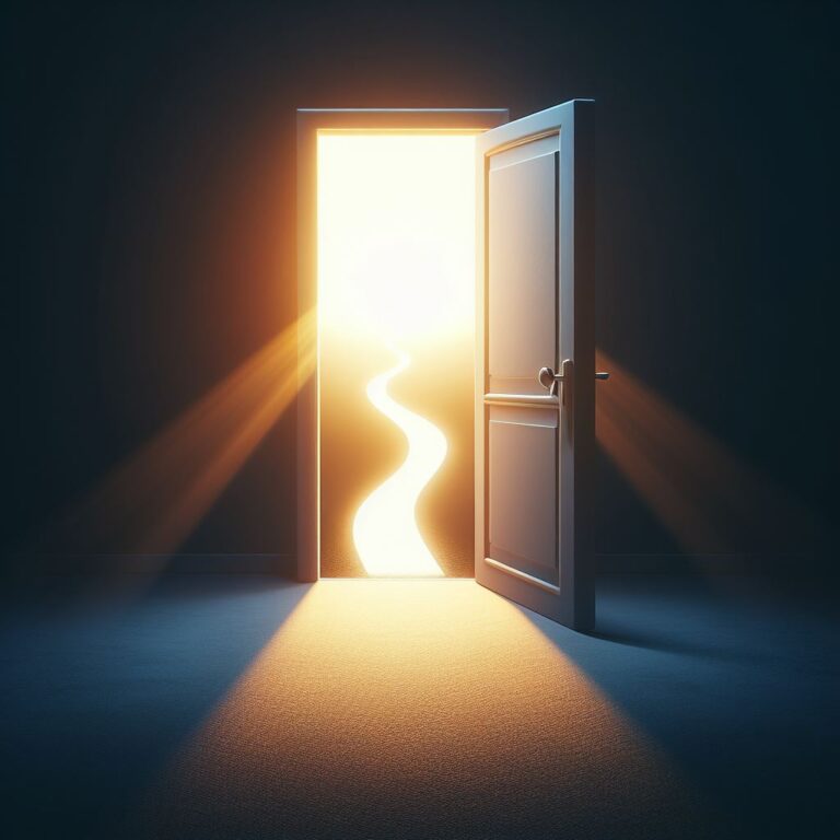 Porta se abrindo para um caminho iluminado, simbolizando a liberdade e novos começos.