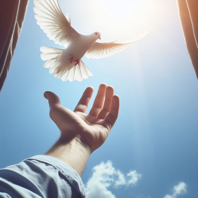 Mão soltando pomba branca voando para o céu azul, simbolizando a liberdade e a nova vida após a recuperação.