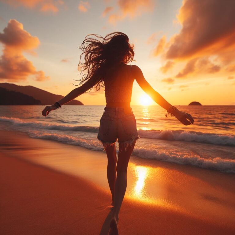 Pessoa caminhando feliz em uma praia, simbolizando uma nova vida.