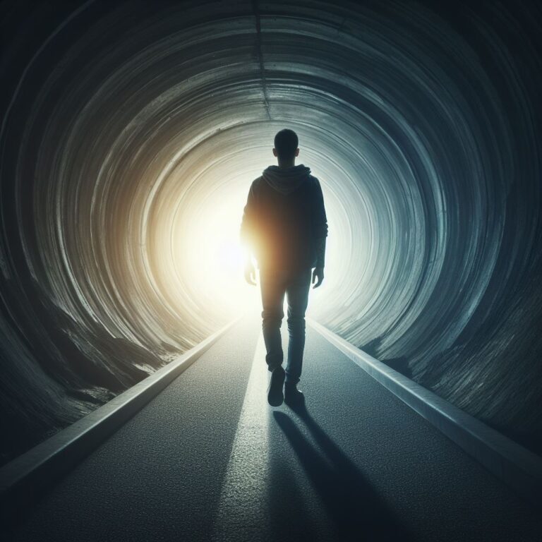 Pessoa caminhando em direção à luz, saindo de um túnel escuro, simbolizando a saída do vício e a esperança do futuro.