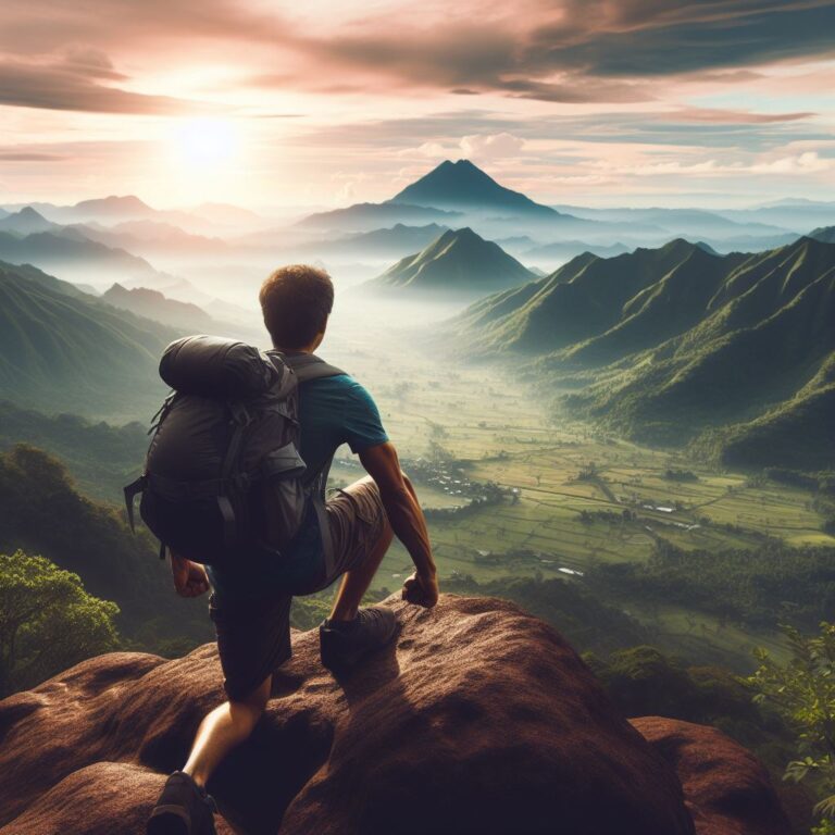 Pessoa escalando uma montanha com determinação, simbolizando superação de obstáculos.