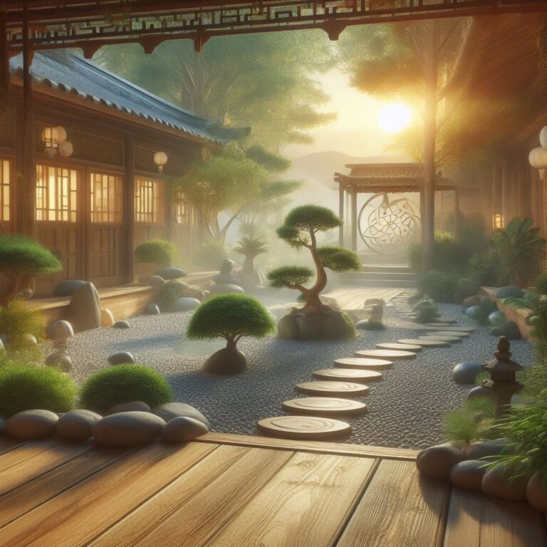 Um jardim zen tranquilo e relaxante dentro de uma clínica de recuperação.