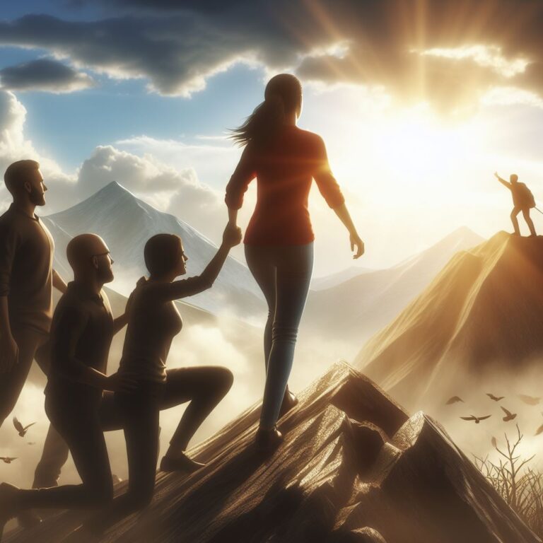 Um grupo de pessoas em recuperação escalando uma montanha juntos, simbolizando a força do apoio mútuo.