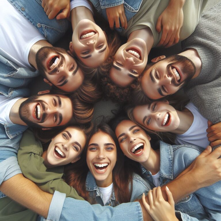 Grupo de pessoas felizes e unidas em um círculo, representando a felicidade na recuperação.