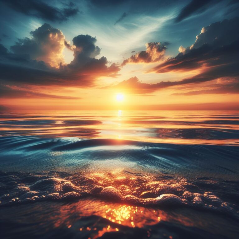 Um nascer do sol vibrante e inspirador sobre um oceano calmo.