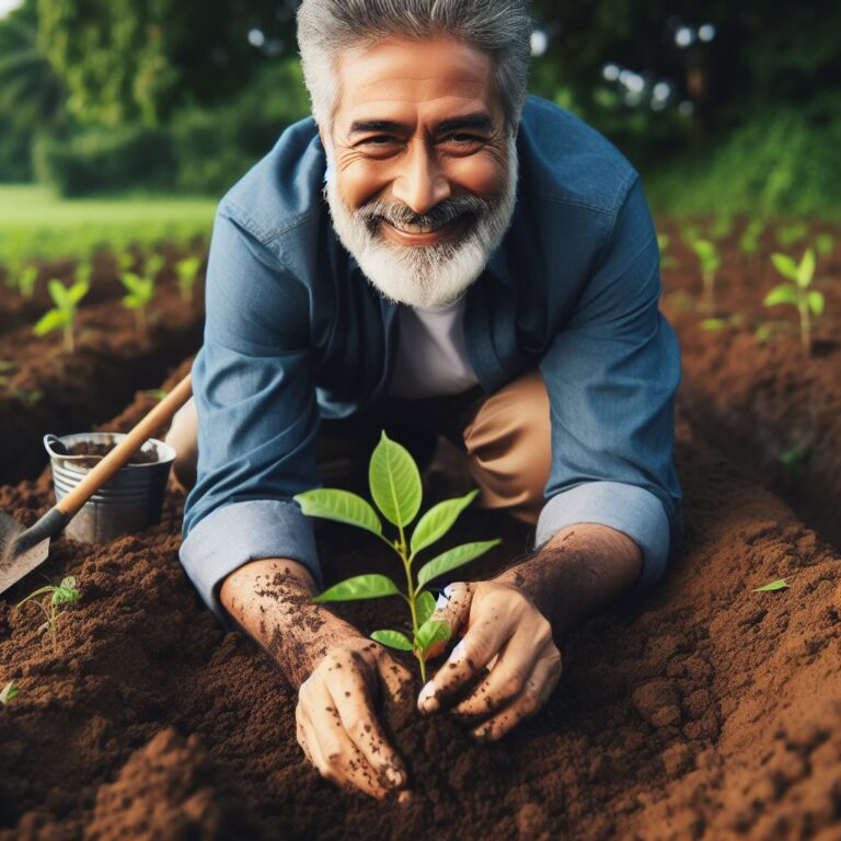 Indivíduo plantando árvore, simbolizando a reconstrução da vida.