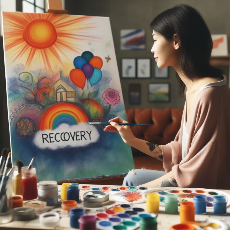 Uma pessoa em recuperação pintando seus sonhos para o futuro com um sorriso no rosto, transmitindo esperança e otimismo.