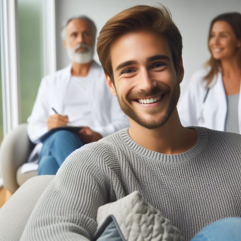 Indivíduo em recuperação conversando com equipe multidisciplinar em ambiente acolhedor da Clínica de Recuperação.