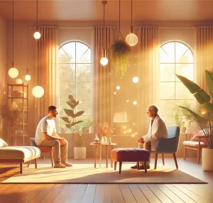 Sala de atendimento em clínica de recuperação para dependentes químicos, com um paciente em conversa com o médico.