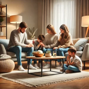 Uma família em um ambiente aconchegante, simbolizando união e suporte durante a recuperação de dependência química.