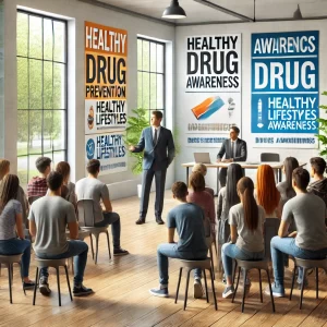 Um workshop comunitário sobre prevenção ao uso de drogas com jovens e famílias.