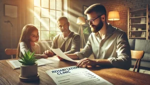 Uma família preocupada discutindo os custos para internar um dependente químico em uma clínica de reabilitação.