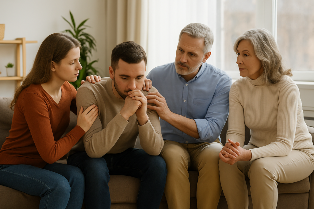Família reunida apoiando emocionalmente um dependente químico em recuperação, representando apoio familiar após a internação.