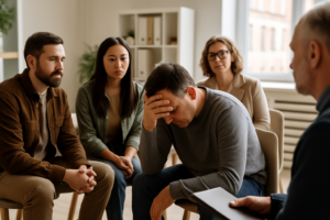 Grupo de apoio com terapeuta e paciente discutindo recaída em uma clínica de reabilitação