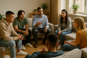 Uma sessão de terapia em grupo com um terapeuta profissional conduzindo o tratamento de pacientes em uma clínica de internação para dependência química.
