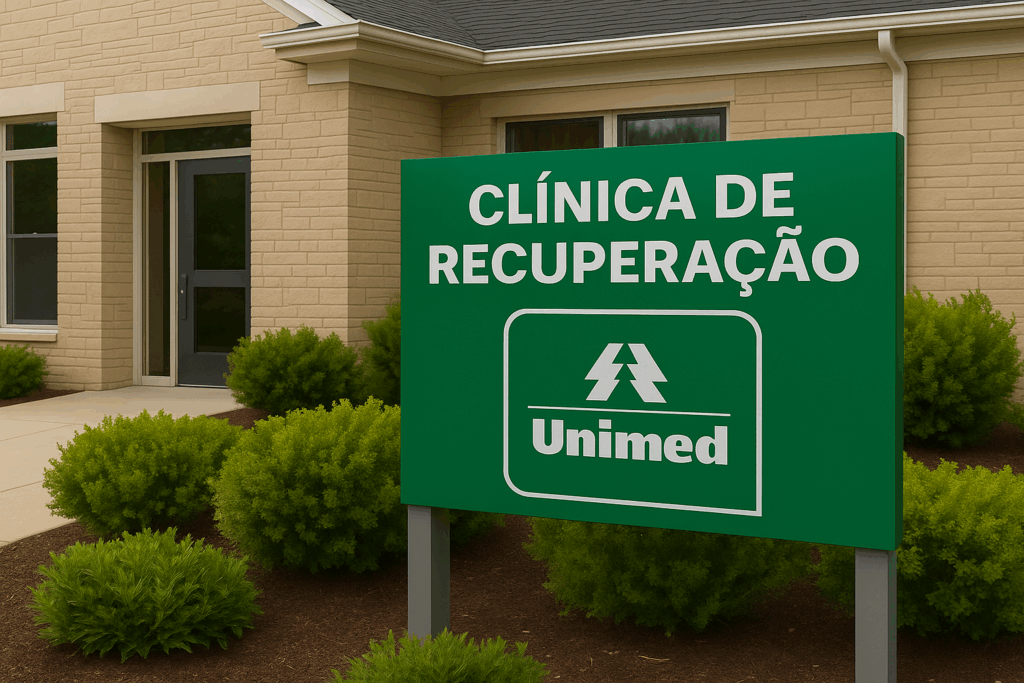 Placa de clínica de recuperação com logo da Unimed em frente a prédio com jardim