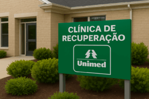 Placa de clínica de recuperação com logo da Unimed em frente a prédio com jardim