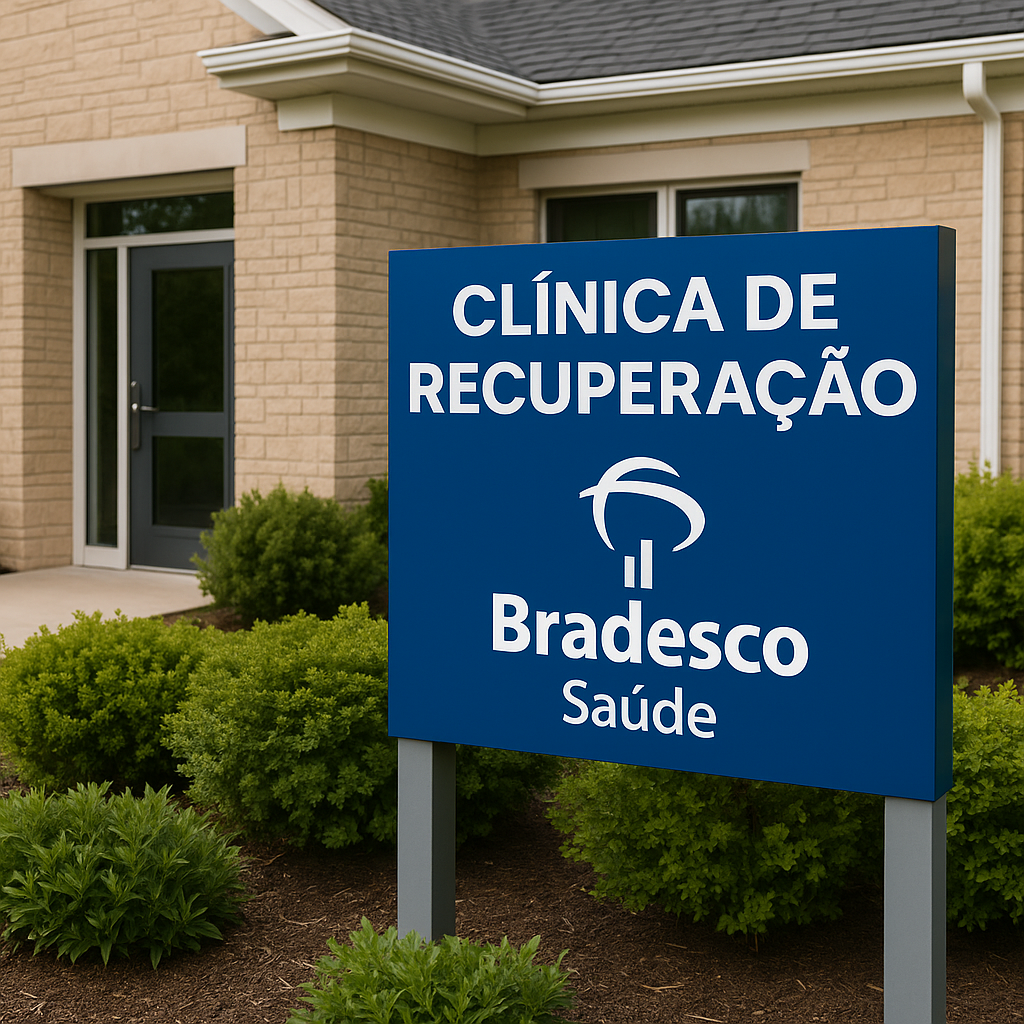 Fachada moderna de uma clínica de recuperação conveniada ao plano de saúde Bradesco