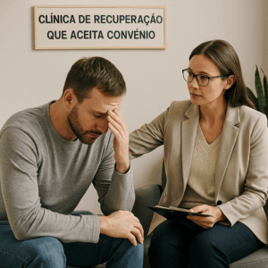Paciente em clínica de recuperação que aceita convênio, recebendo apoio terapêutico