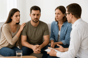 Família recebendo orientação de equipe clínica para apoiar o tratamento da dependência química