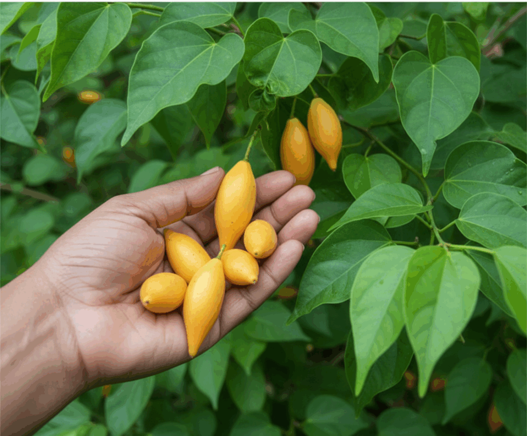 Mão feminina colhendo frutos amarelos de iboga de um galho, entre folhas verdes e luz natural