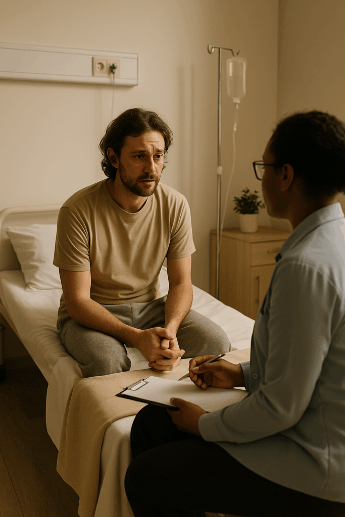 Paciente em internação em clínica de recuperação conversando com profissional de saúde