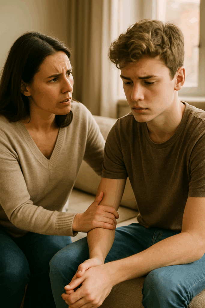 Mãe preocupado conversando seriamente com filho adolescente sobre uso de drogas